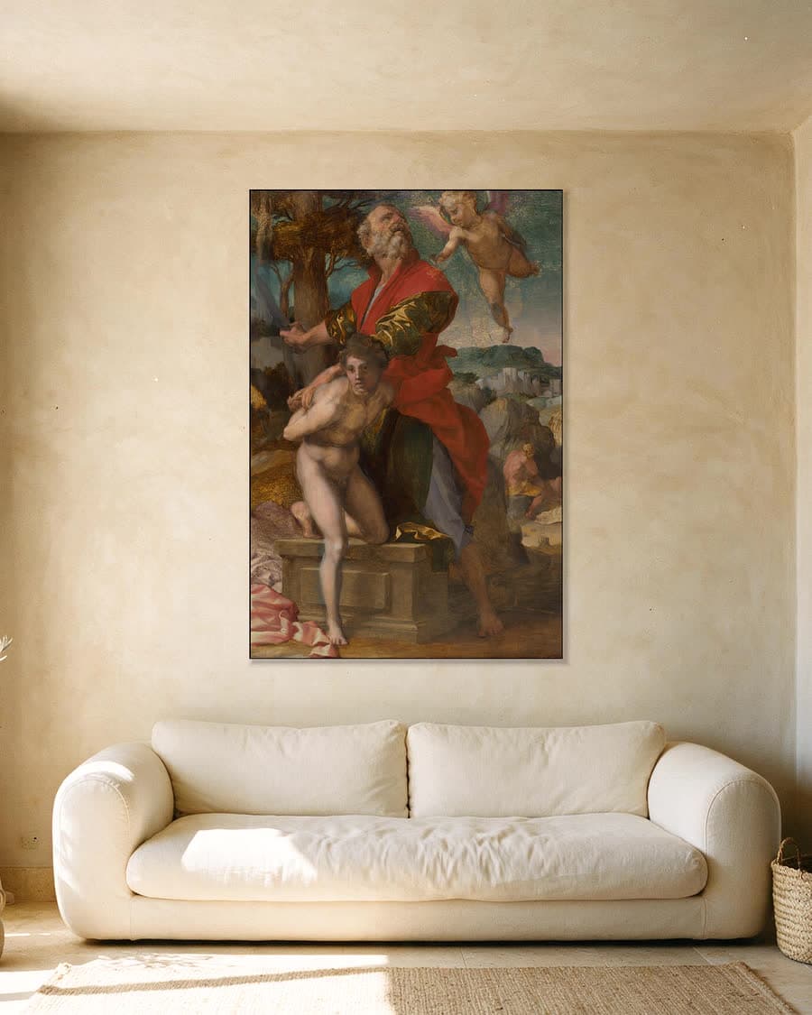 Het offer van Isaak in een aluminium frame aan dezelfde muur