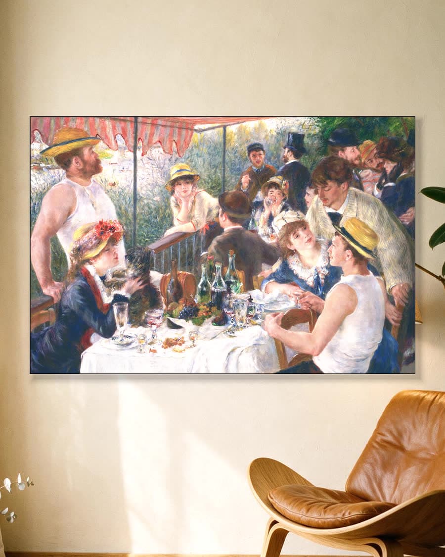 Het ontbijt van de roeiers in een aluminium frame aan dezelfde muur