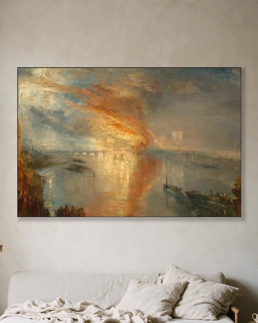 De brand van het parlement in een aluminium frame aan dezelfde muur