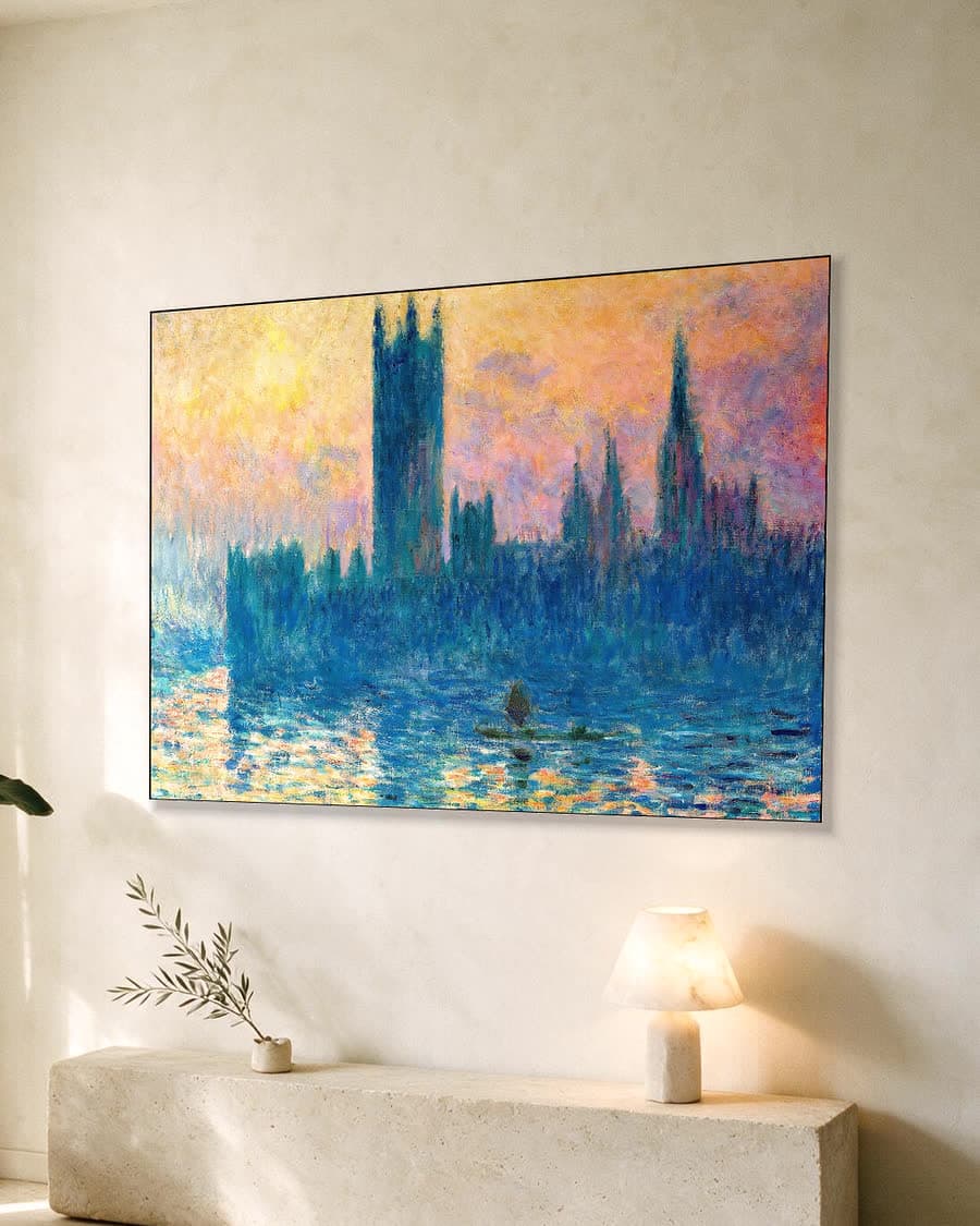 Het parlement van Londen, zonsondergang (1903) in een aluminium frame aan dezelfde muur