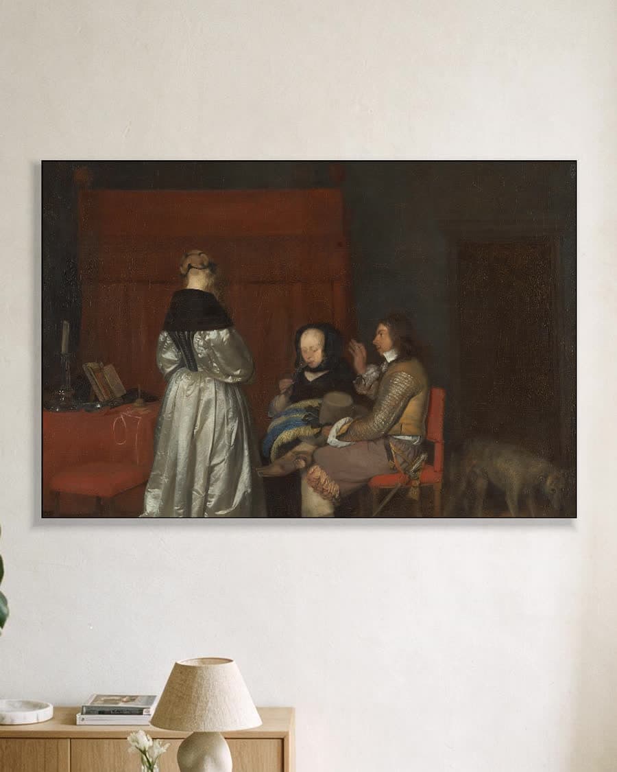 Galante conversatie (De vaderlijke vermaning) in een aluminium frame aan dezelfde muur