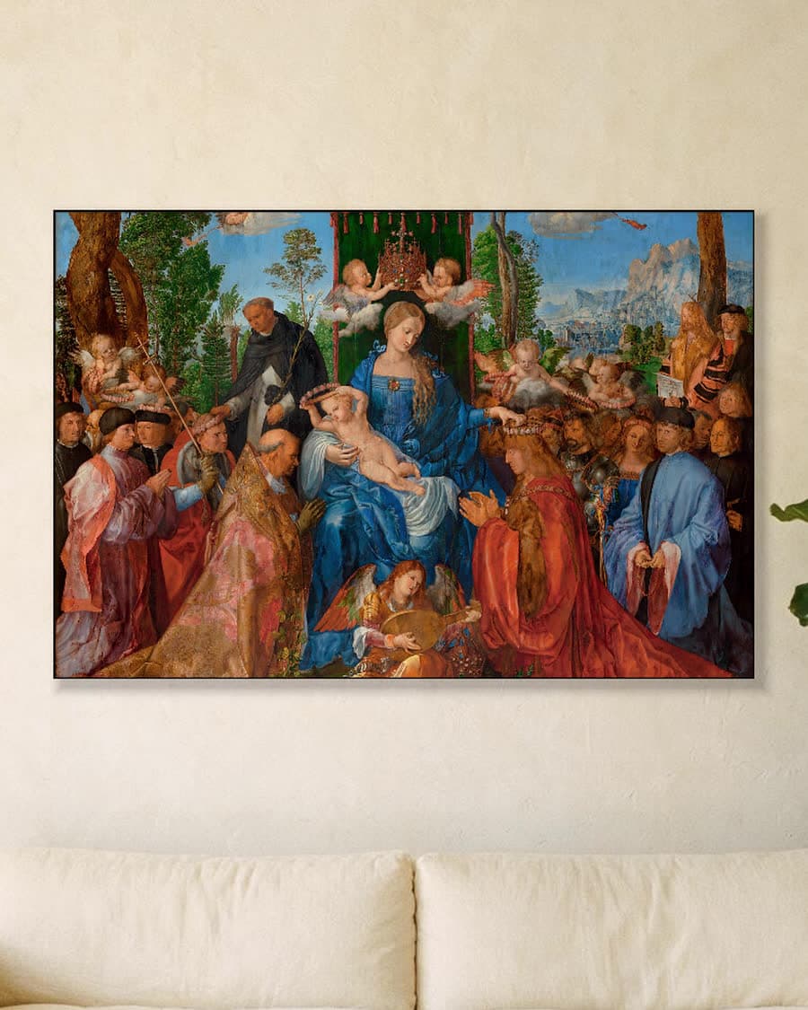 Het rozenkransfeest in een aluminium frame aan dezelfde muur