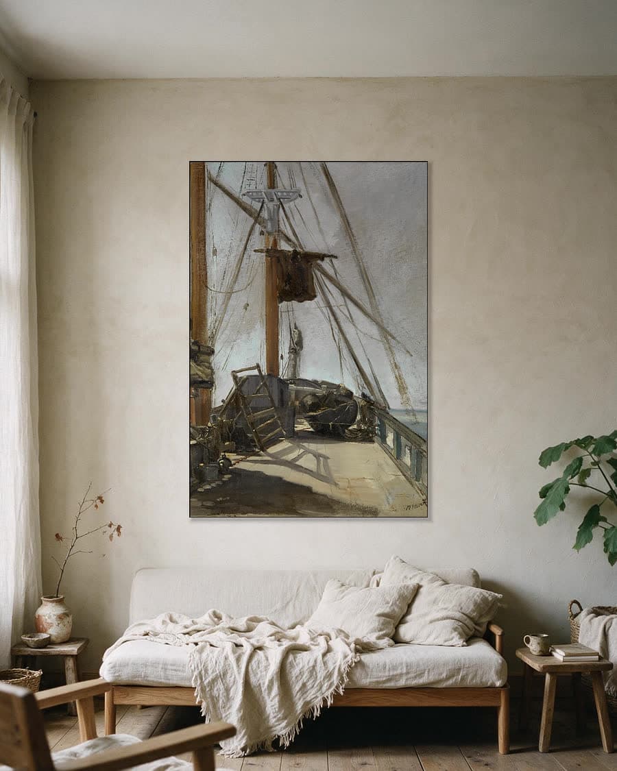 Het scheepsdek in een aluminium frame aan dezelfde muur