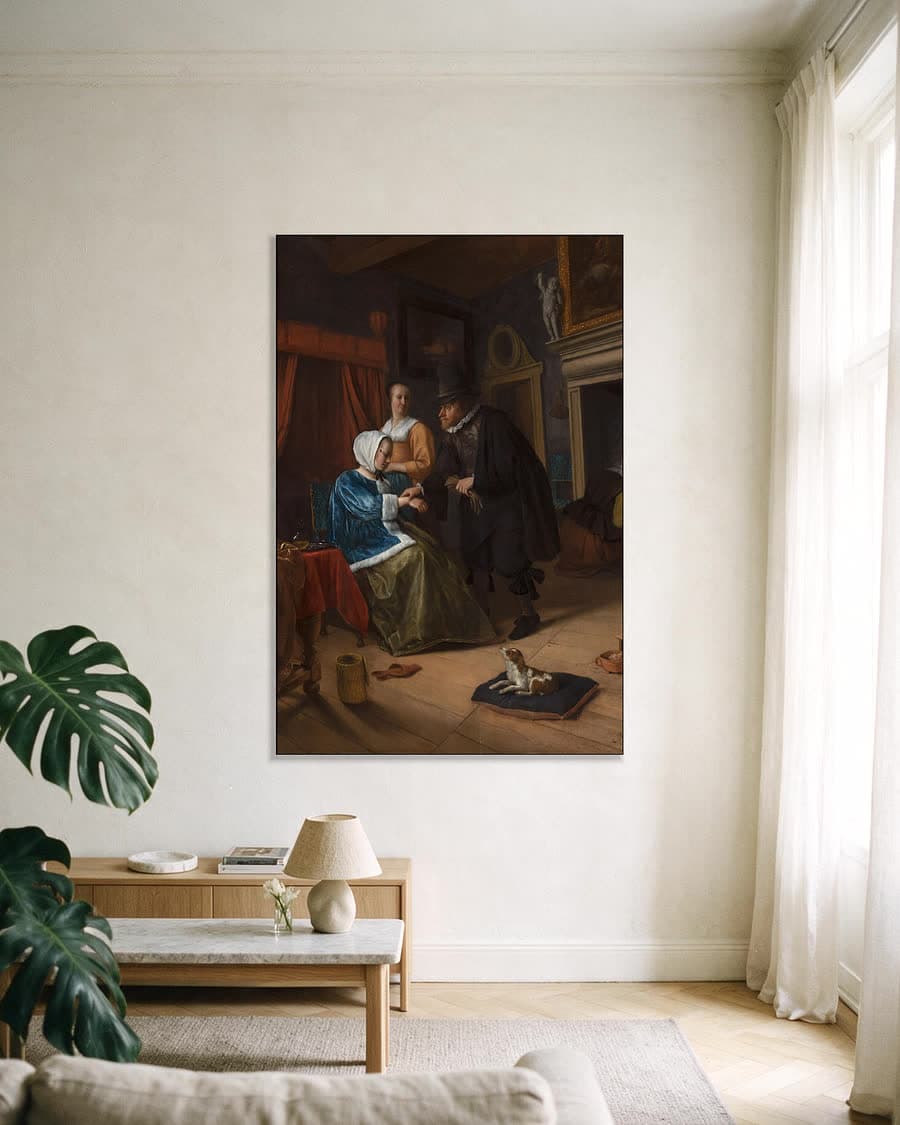 Het zieke meisje in een aluminium frame aan dezelfde muur