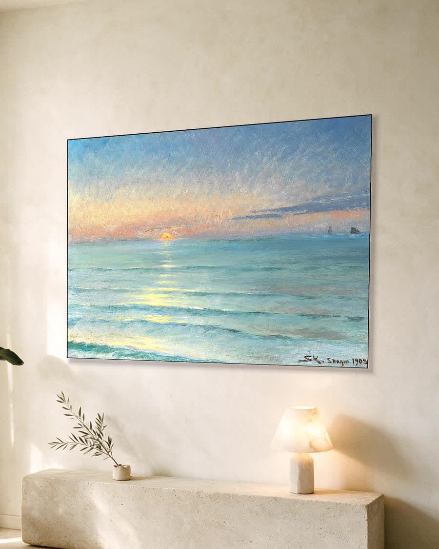 Zonsondergang op het noordstrand van Skagen in een aluminium frame aan dezelfde muur