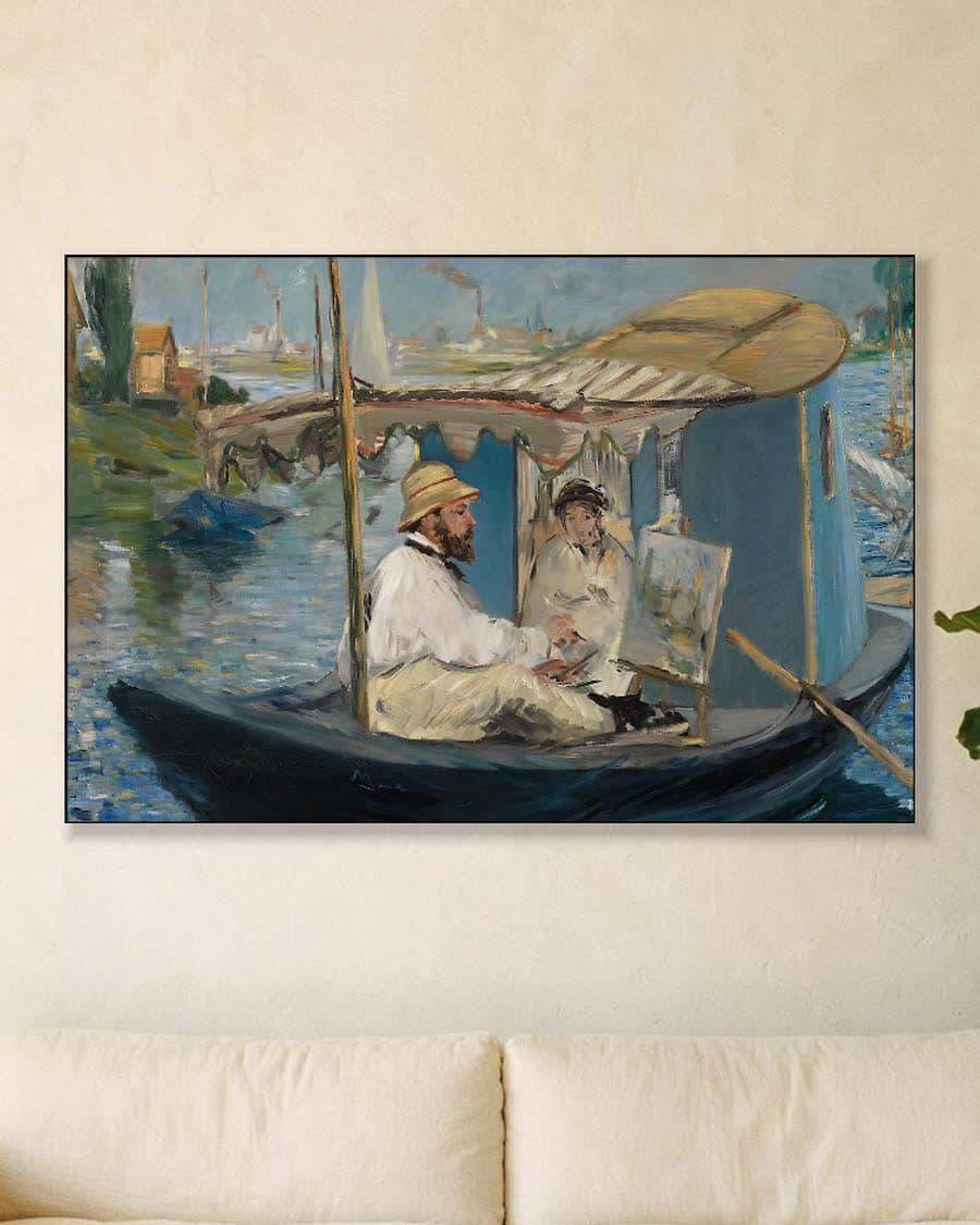 Claude Monet schilderend in zijn boot in een aluminium frame aan dezelfde muur