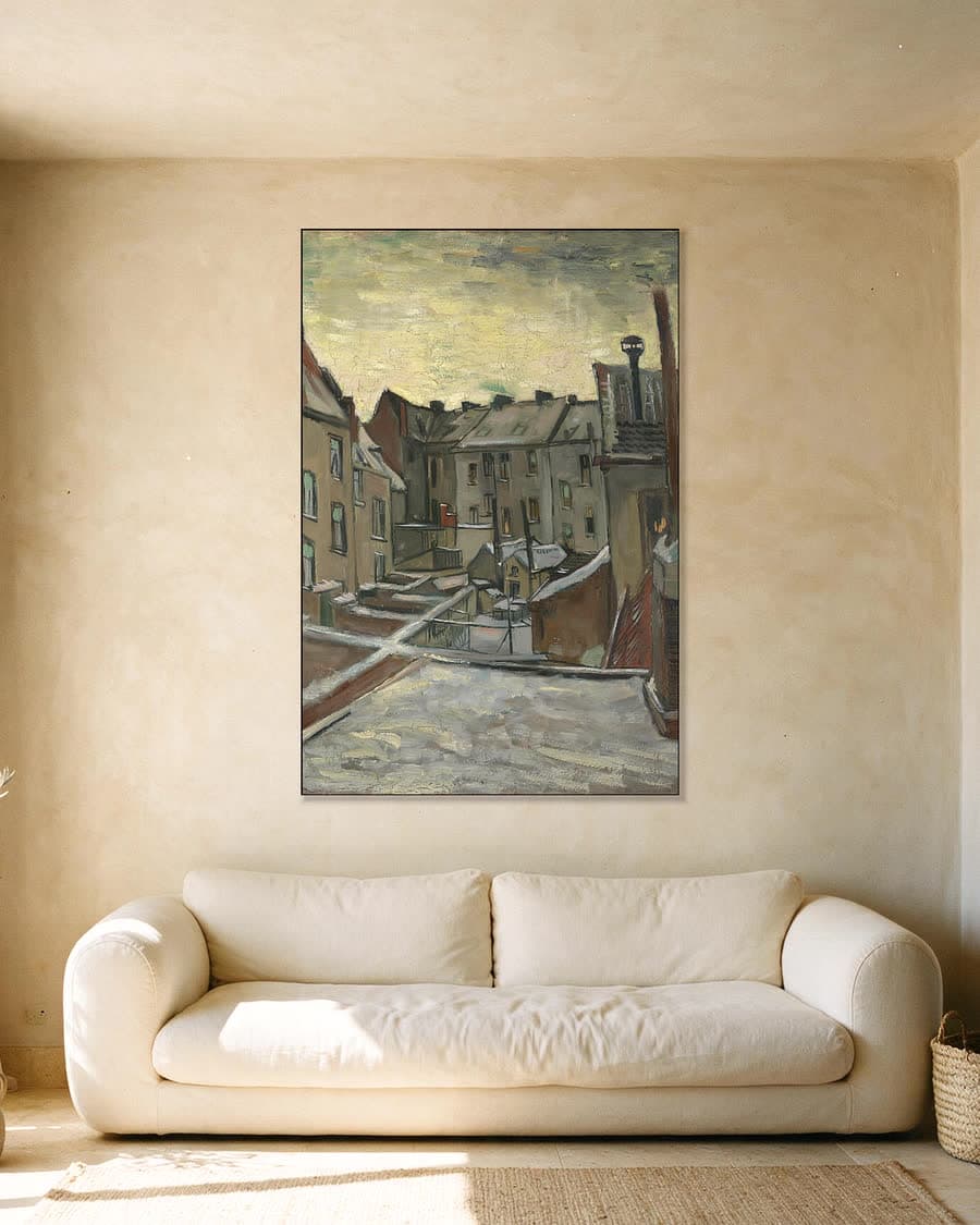 Huizen gezien van achteren in een aluminium frame aan dezelfde muur