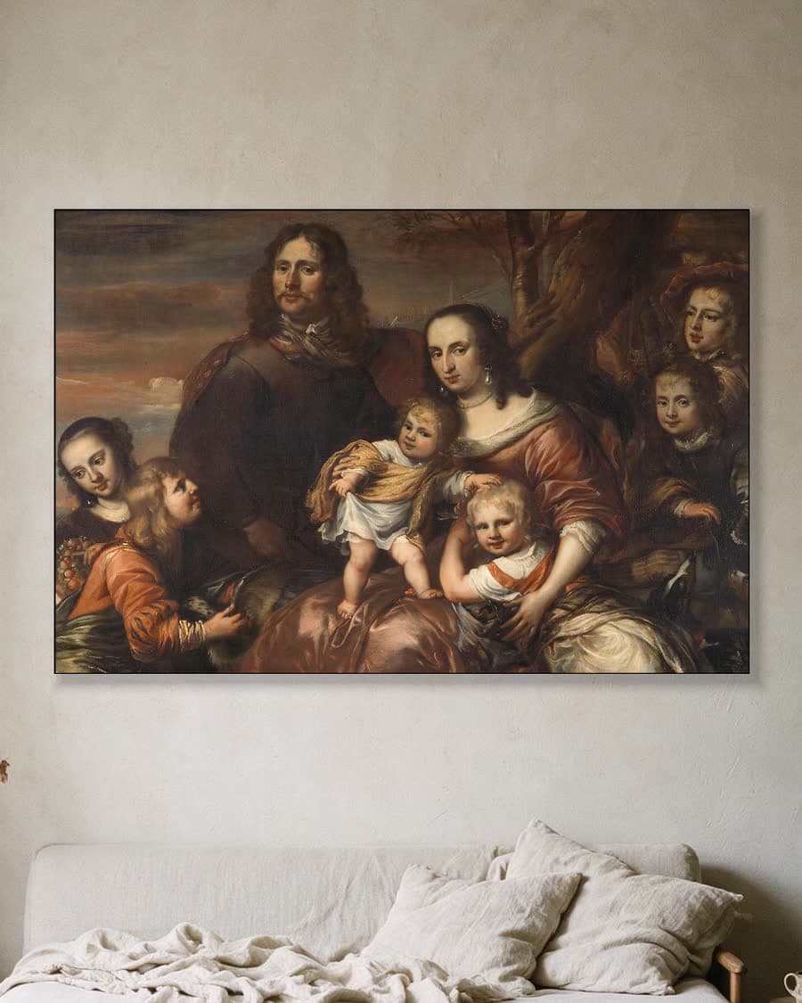 Een echtpaar met zes kinderen in een aluminium frame aan dezelfde muur