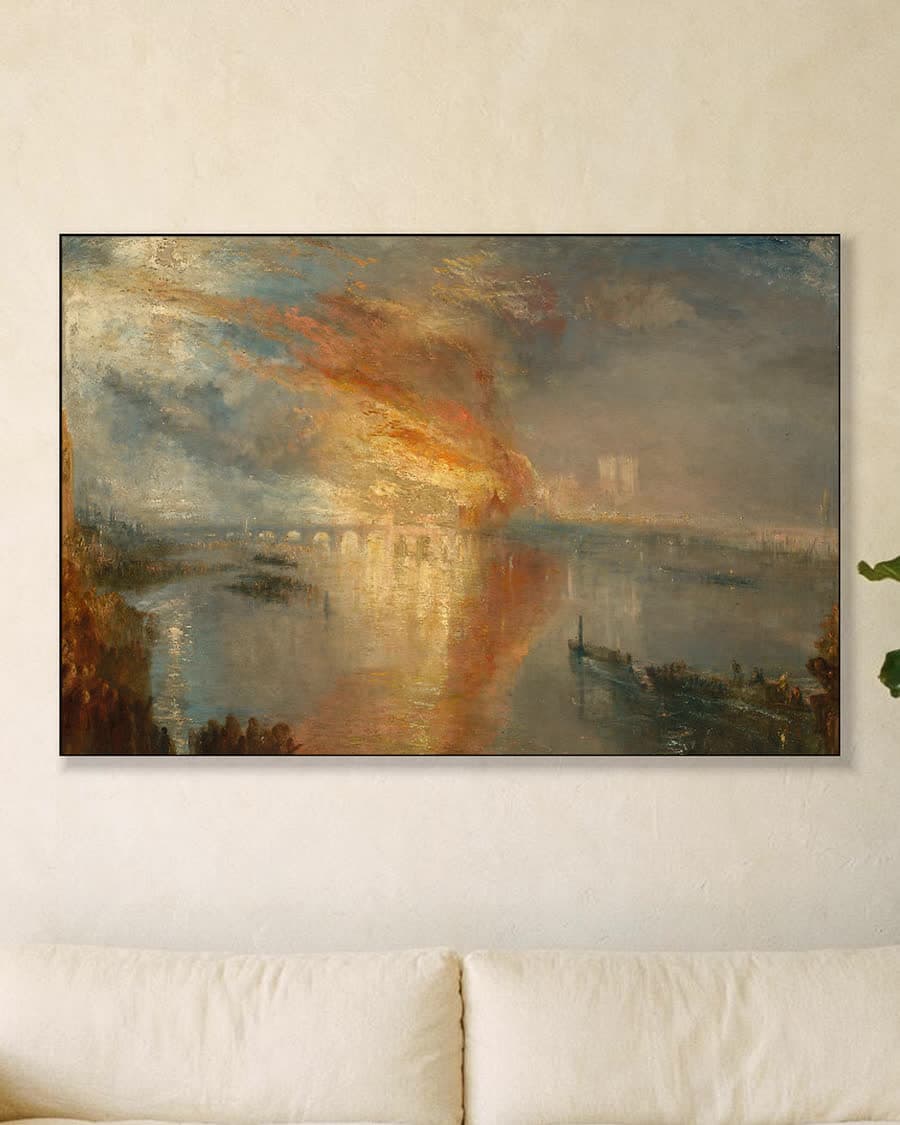 De brand van het parlement in een aluminium frame aan dezelfde muur