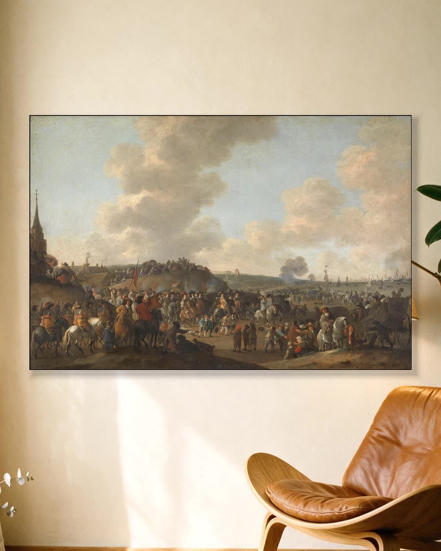 Het vertrek van Karel II van Engeland uit Scheveningen, 2 juni 1660 in een aluminium frame aan dezelfde muur