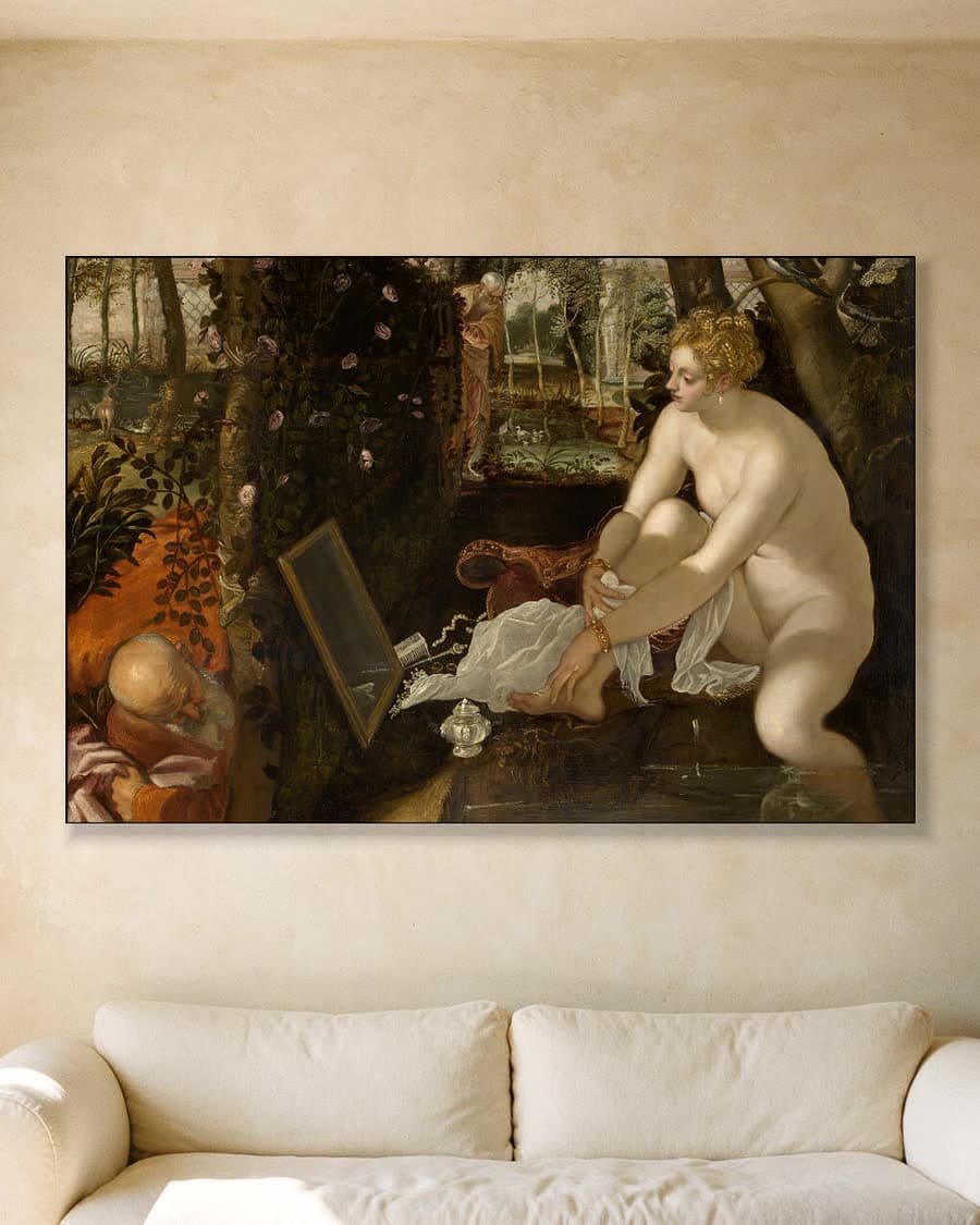 Susanna en de ouderlingen in een aluminium frame aan dezelfde muur