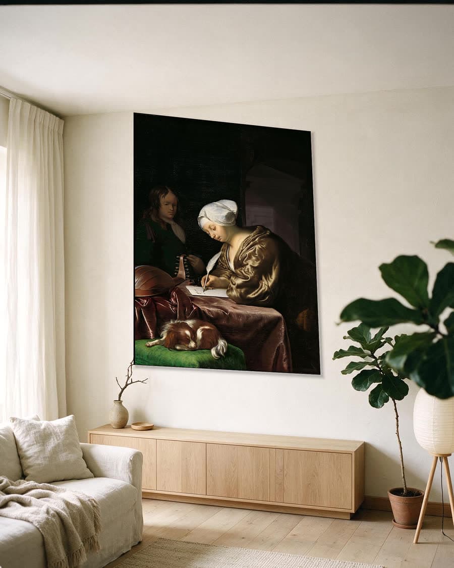 De briefschrijver in een aluminium frame aan dezelfde muur