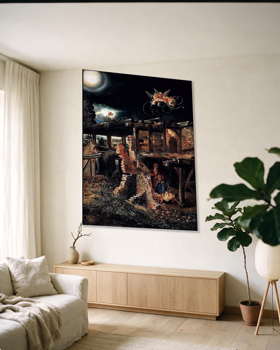 De geboorte van Christus in een aluminium frame aan dezelfde muur