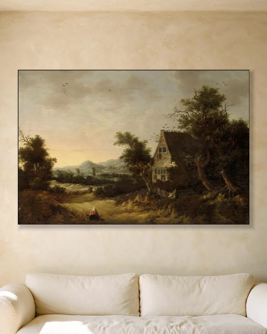 Heuvelachtig landschap met boerenhuisje in een aluminium frame aan dezelfde muur