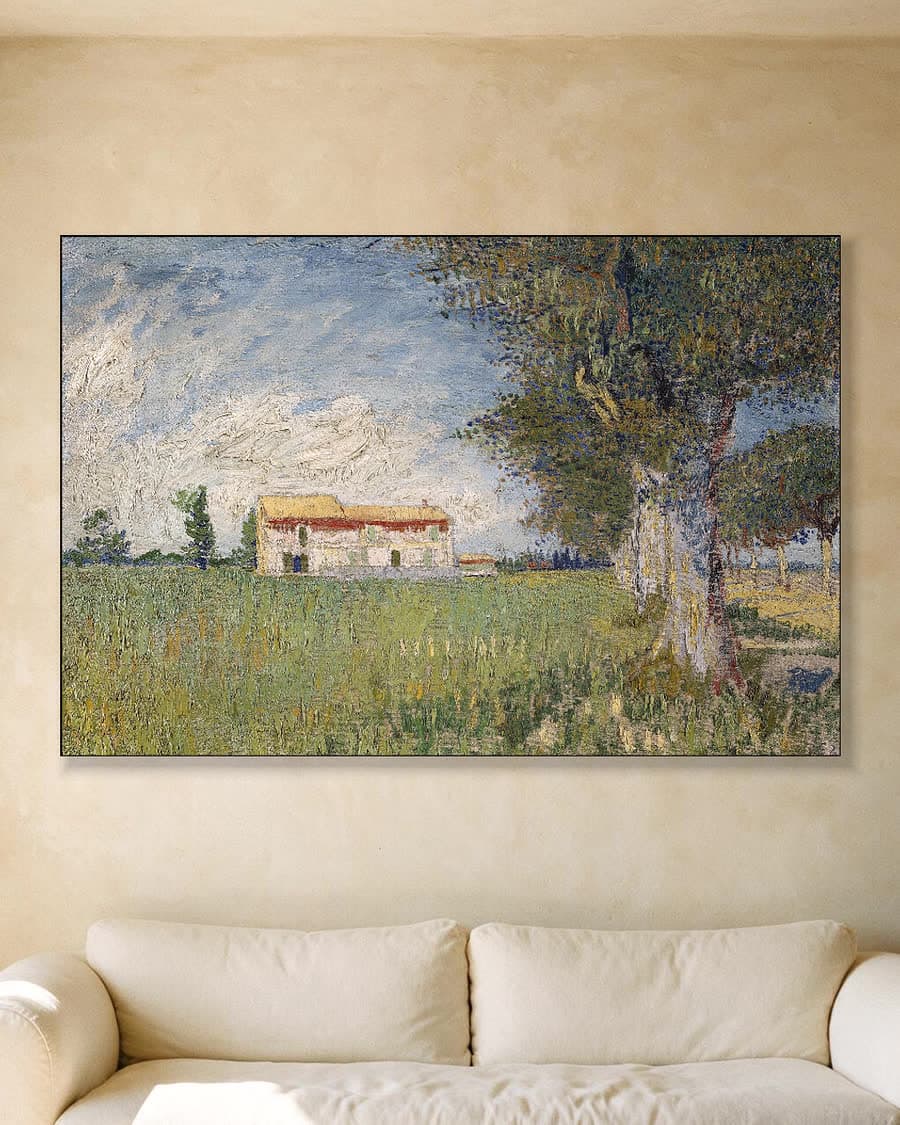 Boerderij in een korenveld in een aluminium frame aan dezelfde muur