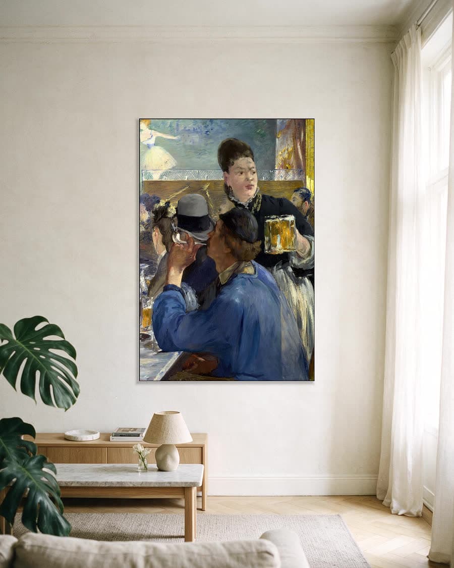 Hoek van een caféconcert in een aluminium frame aan dezelfde muur