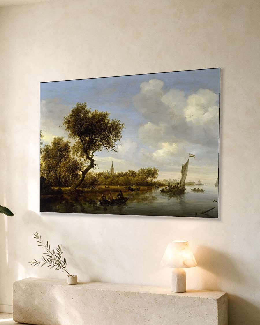 Hollands rivierlandschap met boten in een aluminium frame aan dezelfde muur