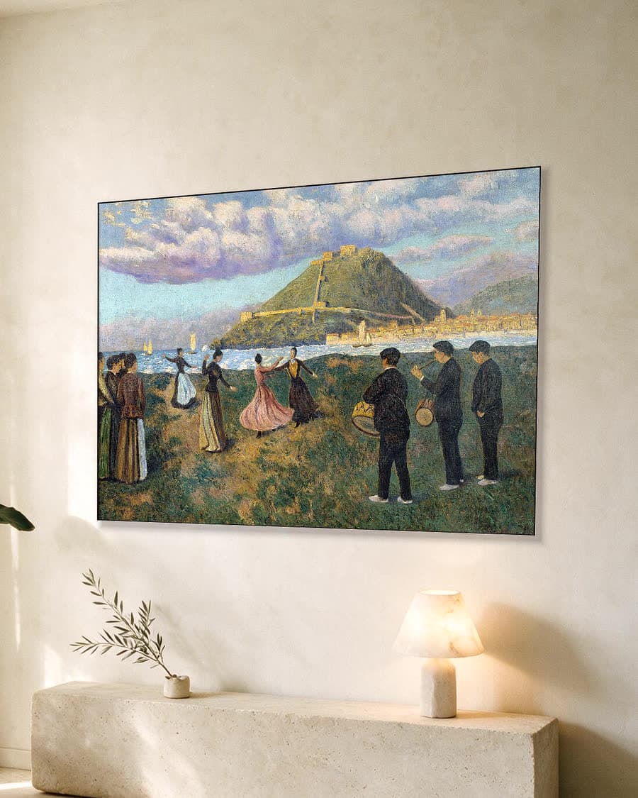 Baskisch feest in El Antiguo bij San Sebastián in een aluminium frame aan dezelfde muur