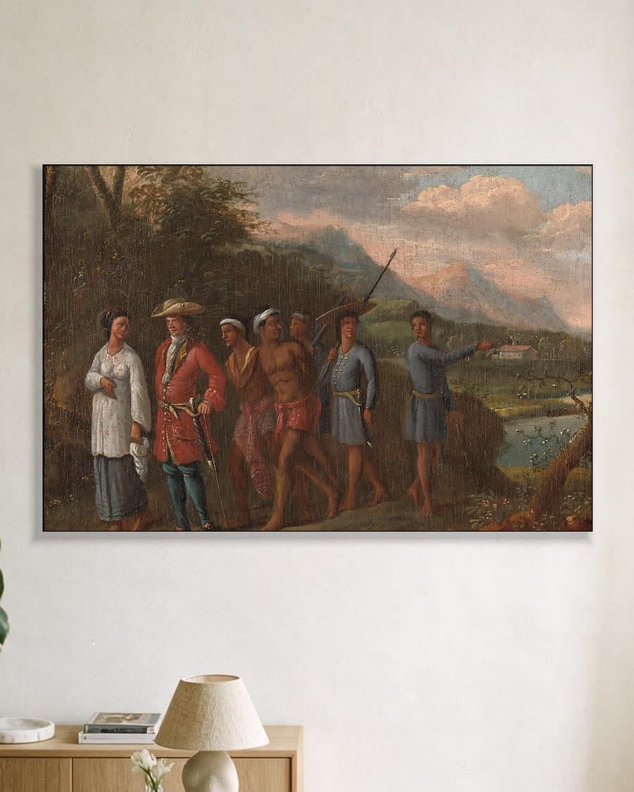Hollandse koopman met slaven in heuvellandschap in een aluminium frame aan dezelfde muur