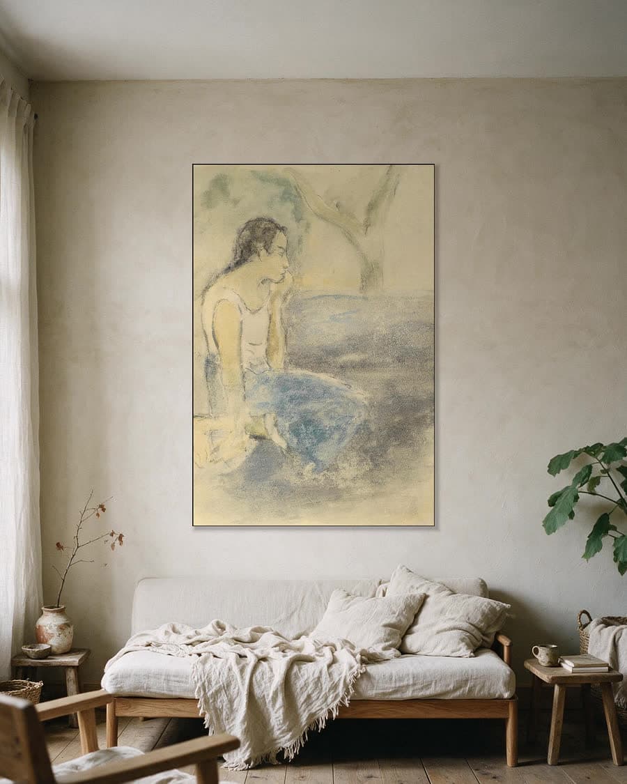 Zittende Tahitiaan in een aluminium frame aan dezelfde muur