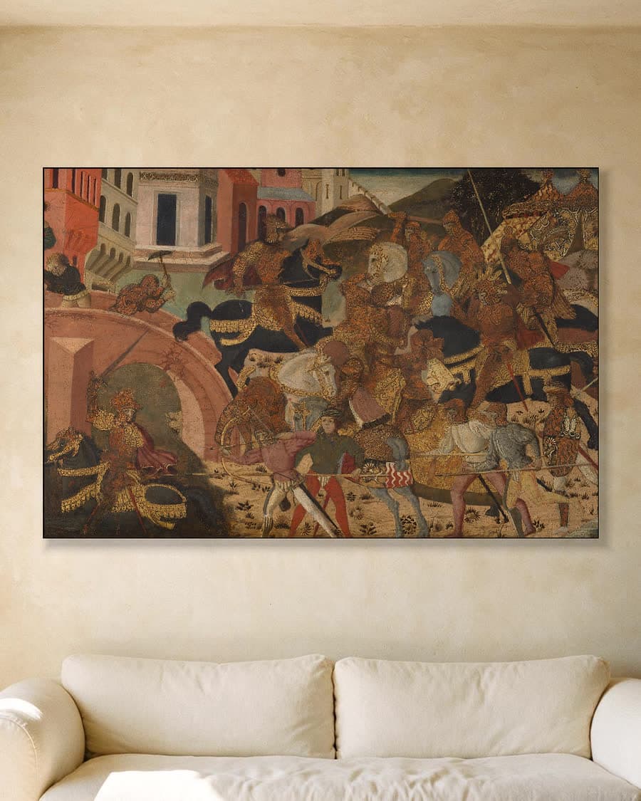 Horatius Cocles verdedigt de Pons Sublicius in een aluminium frame aan dezelfde muur