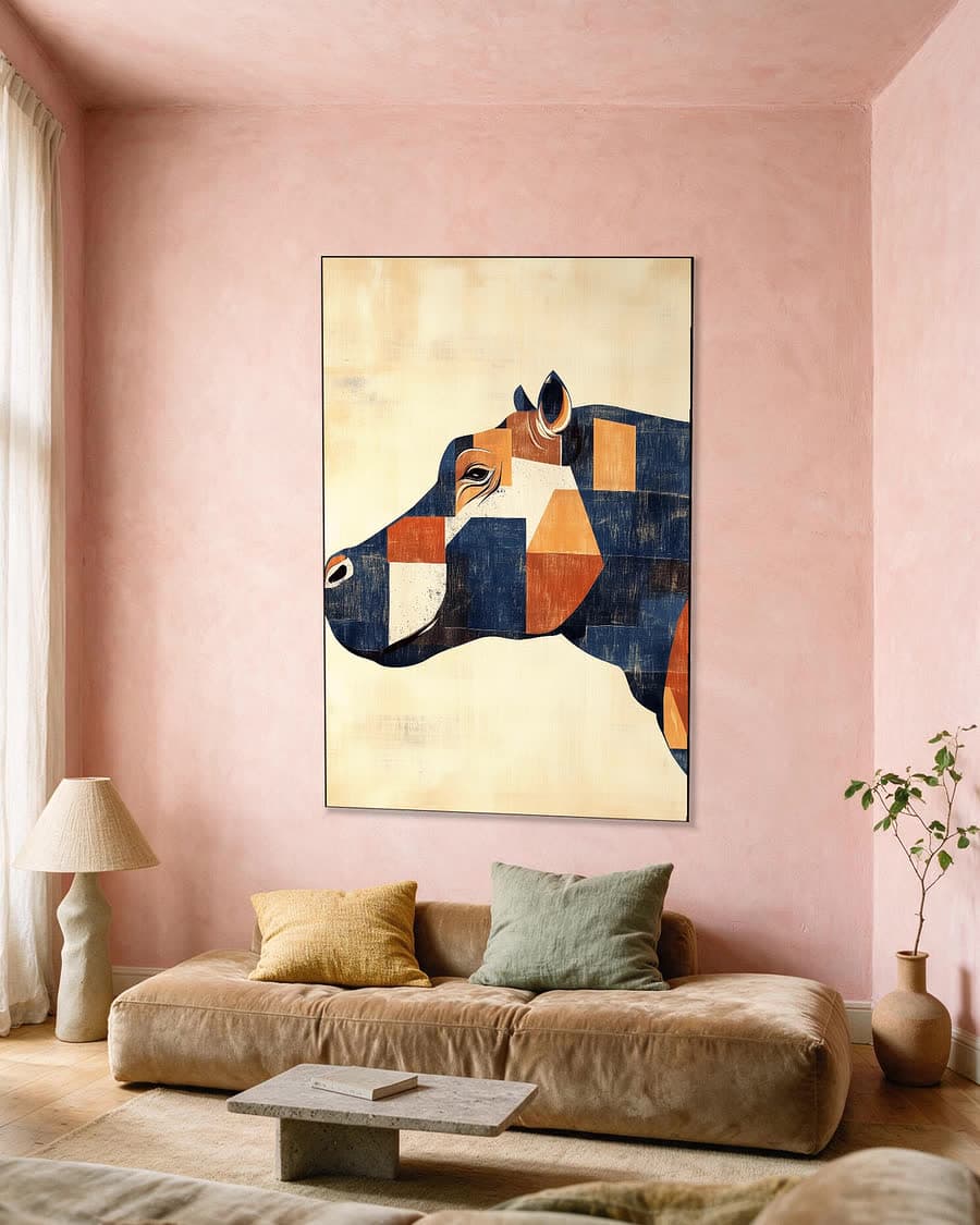 Buffel in vlakken in een aluminium frame aan dezelfde muur