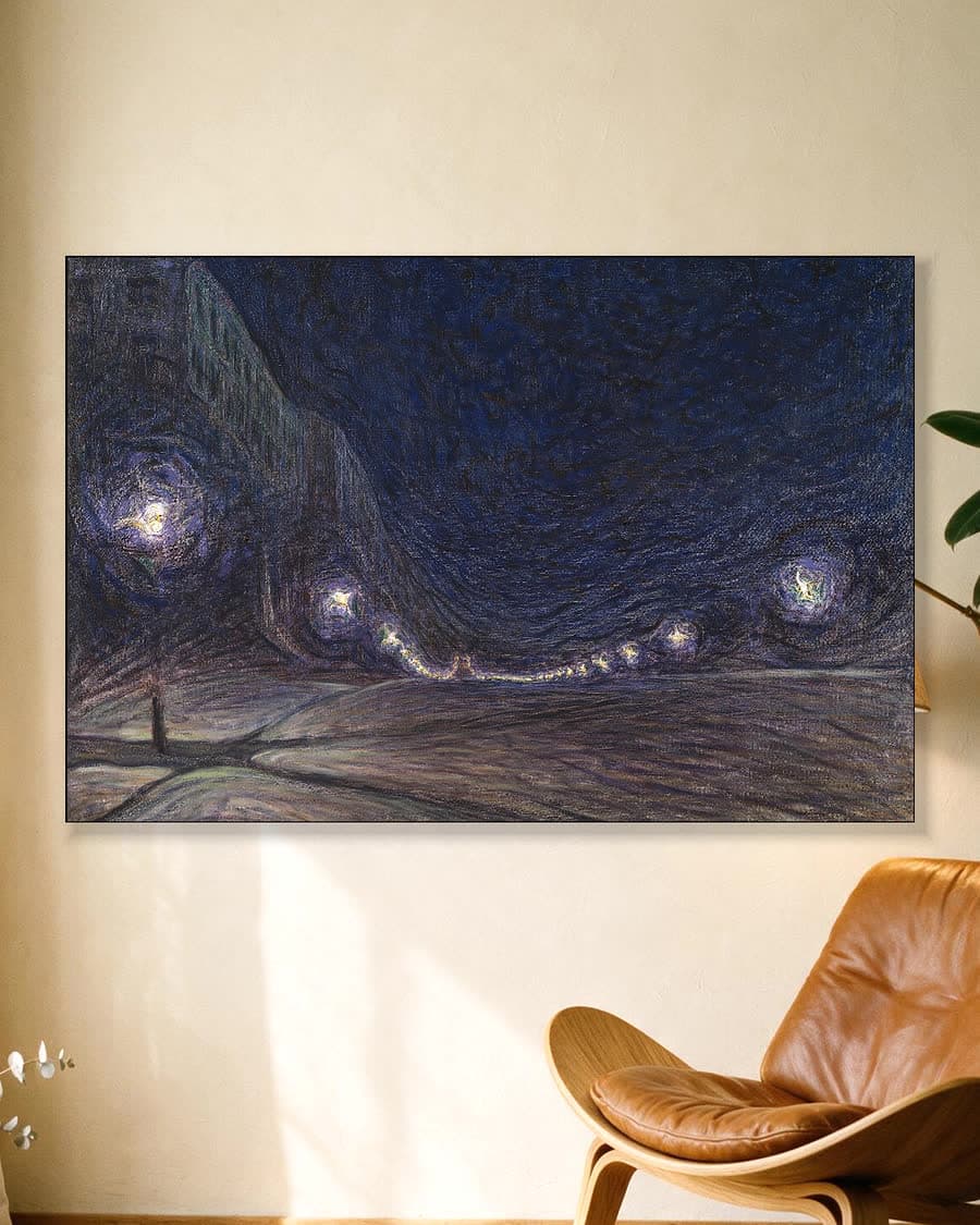 Hornsgatan bij nacht in een aluminium frame aan dezelfde muur