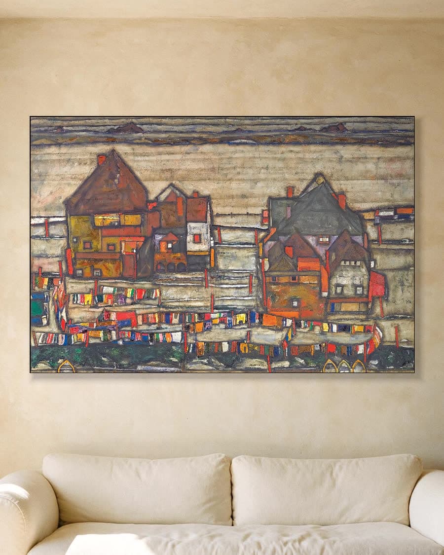 Huizen met wasgoed (Voorstad II) in een aluminium frame aan dezelfde muur