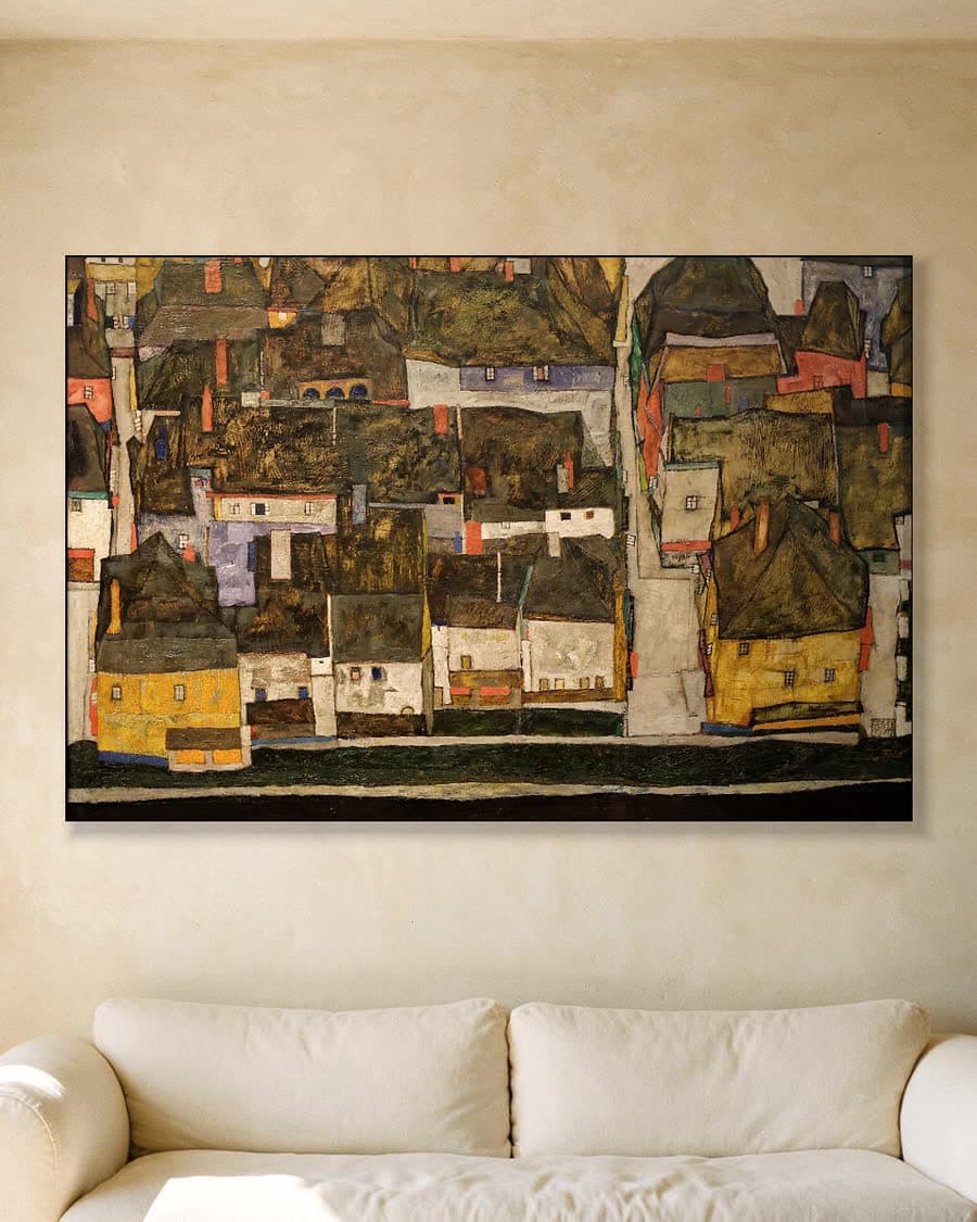 De kleine stad IV (Krumau aan de Moldau) in een aluminium frame aan dezelfde muur