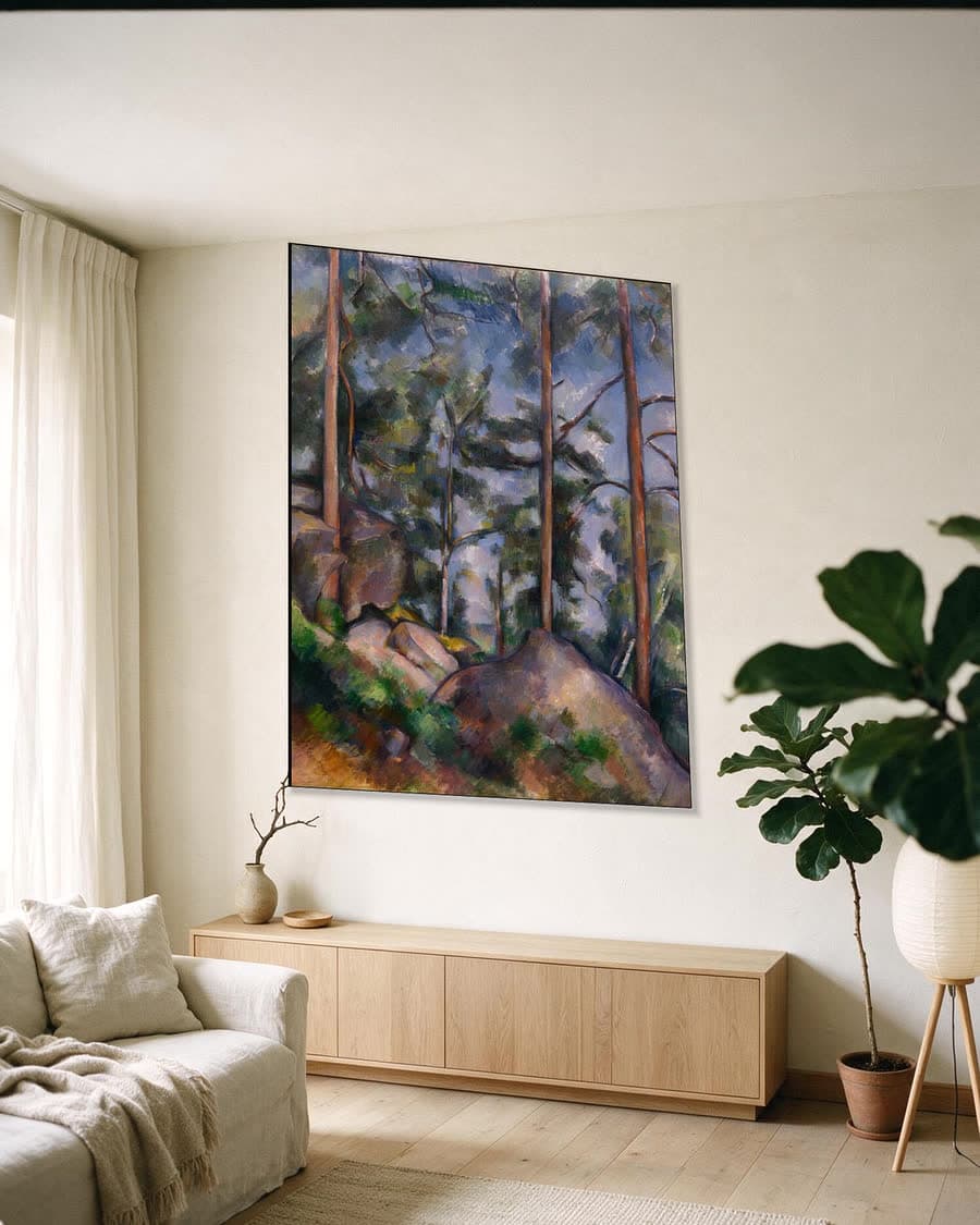 Dennen en rotsen bij Fontainebleau in een aluminium frame aan dezelfde muur
