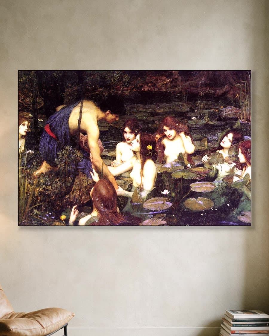 Hylas en de nimfen in een aluminium frame aan dezelfde muur