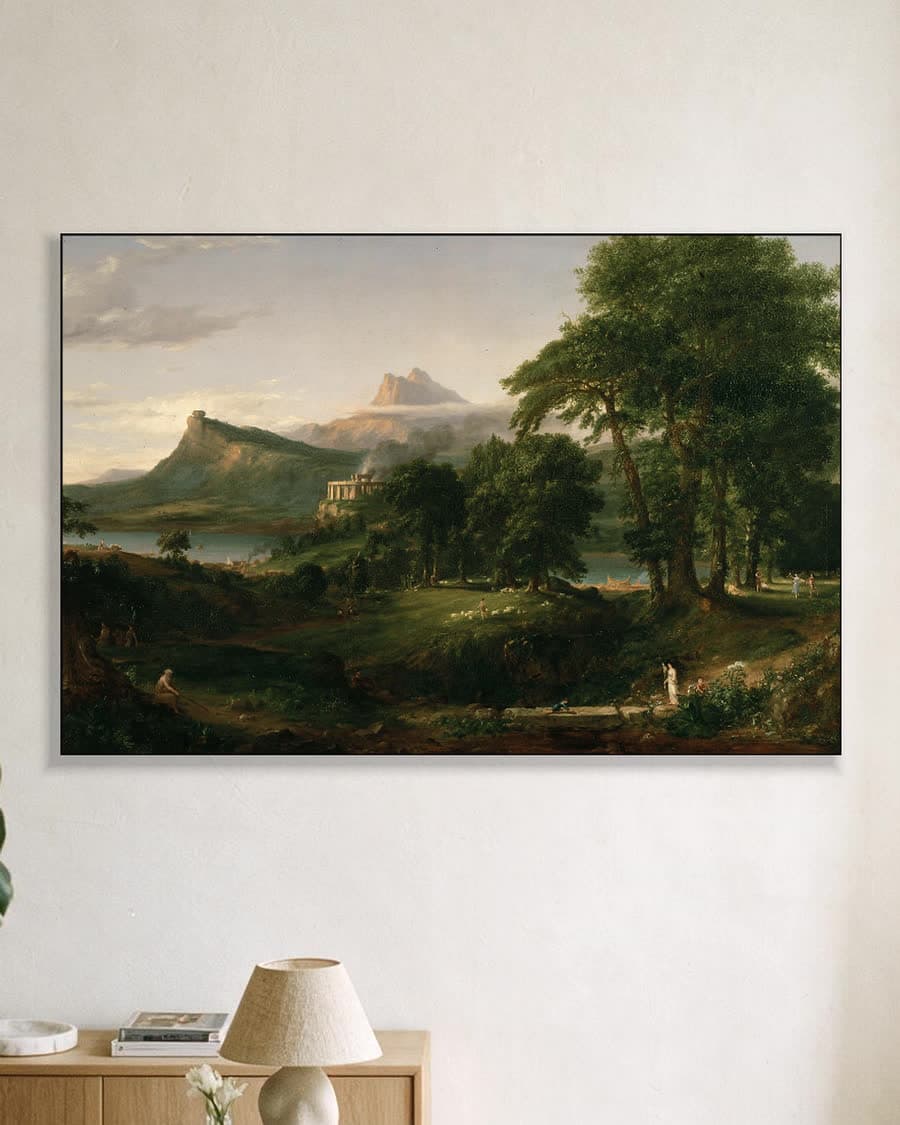 Idyllisch Landschap met Klassieke Tempel in een aluminium frame aan dezelfde muur