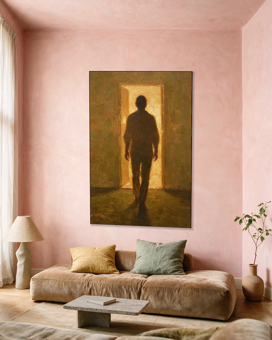 Iemand die weggaat in een aluminium frame aan dezelfde muur