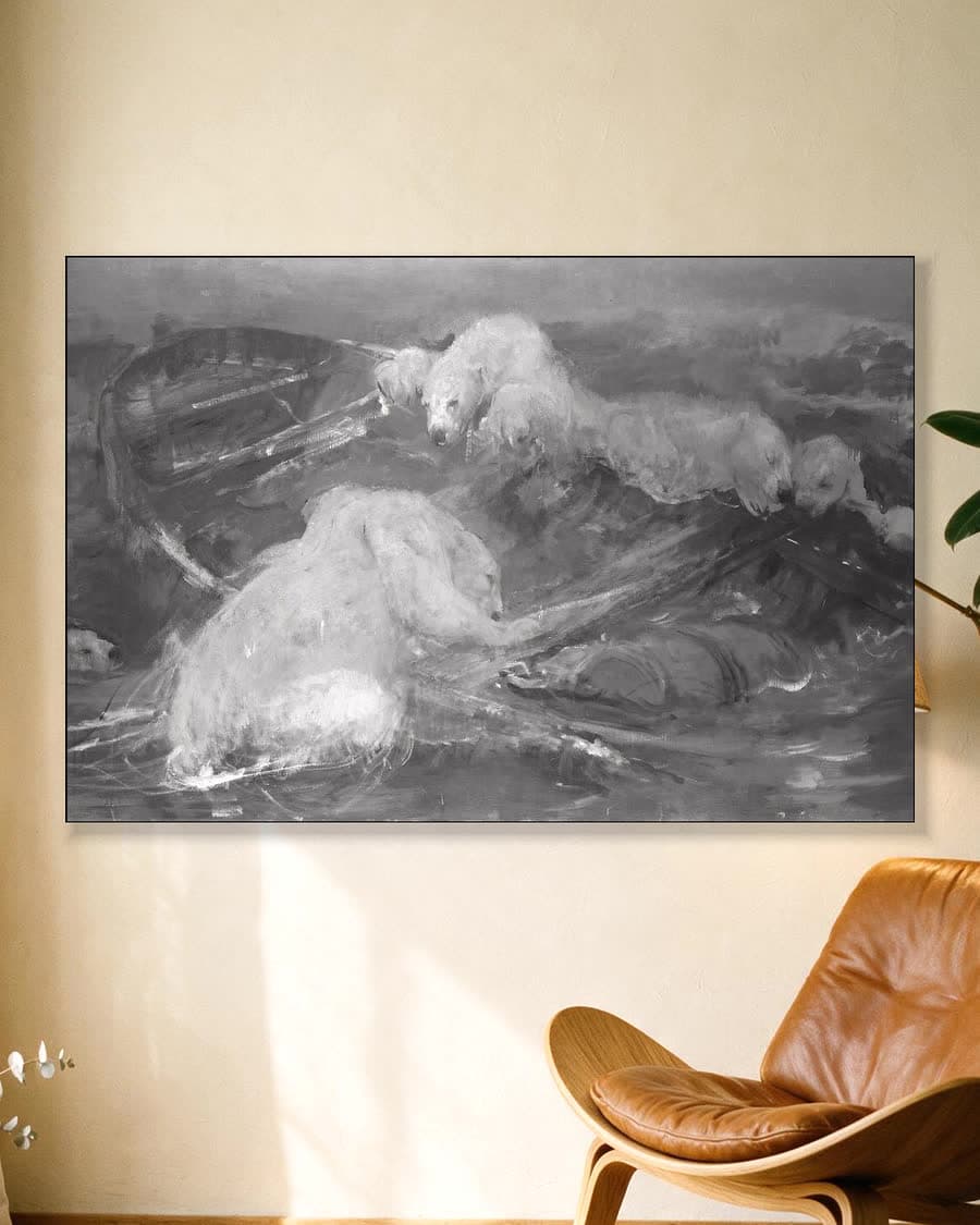 IJsberen beklimmen een ronddrijvende sloep in een aluminium frame aan dezelfde muur