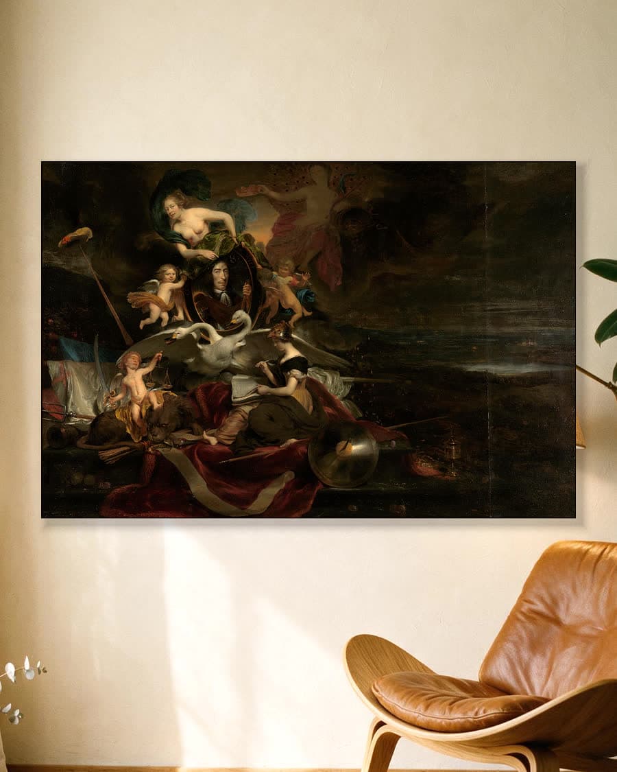 Allegorie op de Tocht naar Chatham, 1667 in een aluminium frame aan dezelfde muur