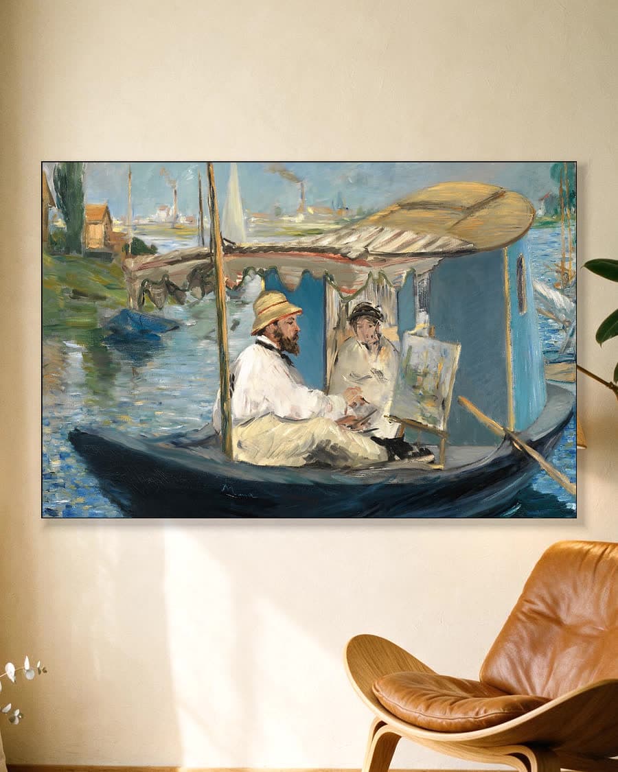 Claude Monet schilderend in zijn boot in een aluminium frame aan dezelfde muur