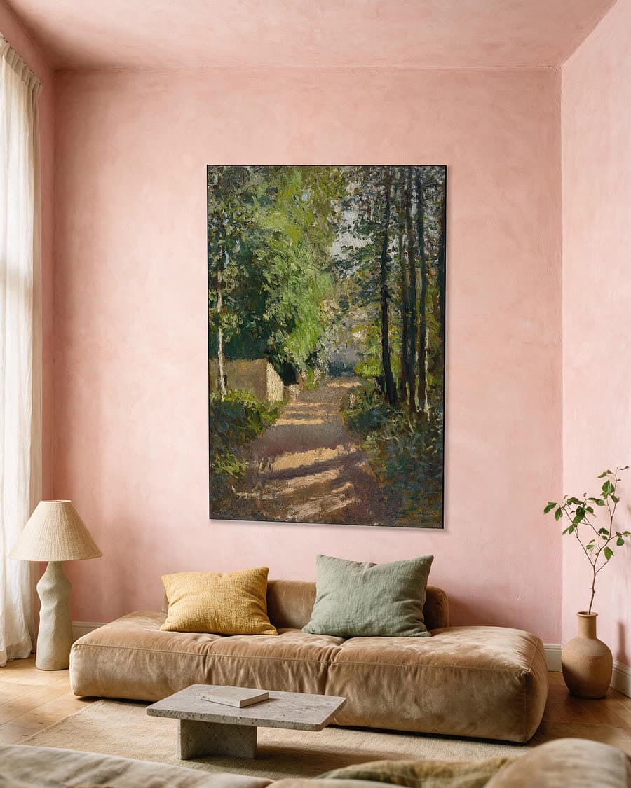 Bospad in Normandië in een aluminium frame aan dezelfde muur