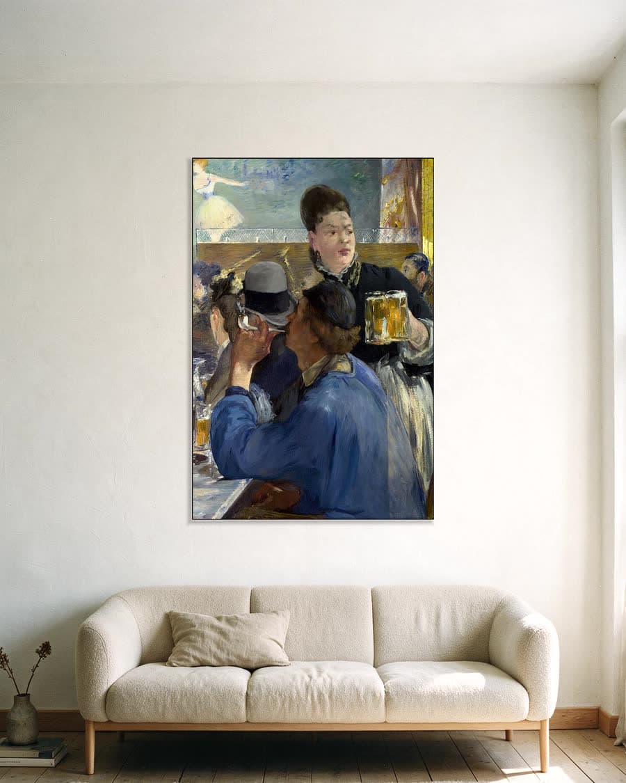 Hoek van een caféconcert in een aluminium frame aan dezelfde muur