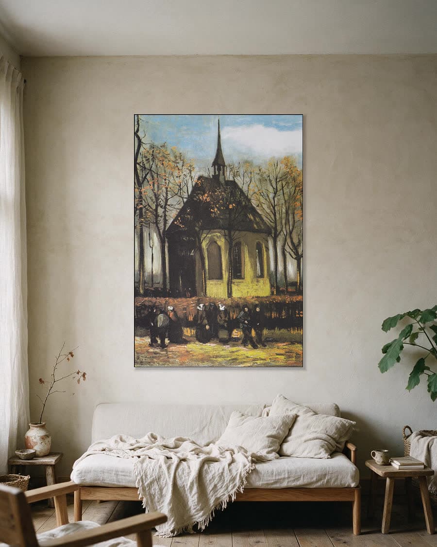 Het uitgaan van de hervormde kerk te Nuenen in een aluminium frame aan dezelfde muur