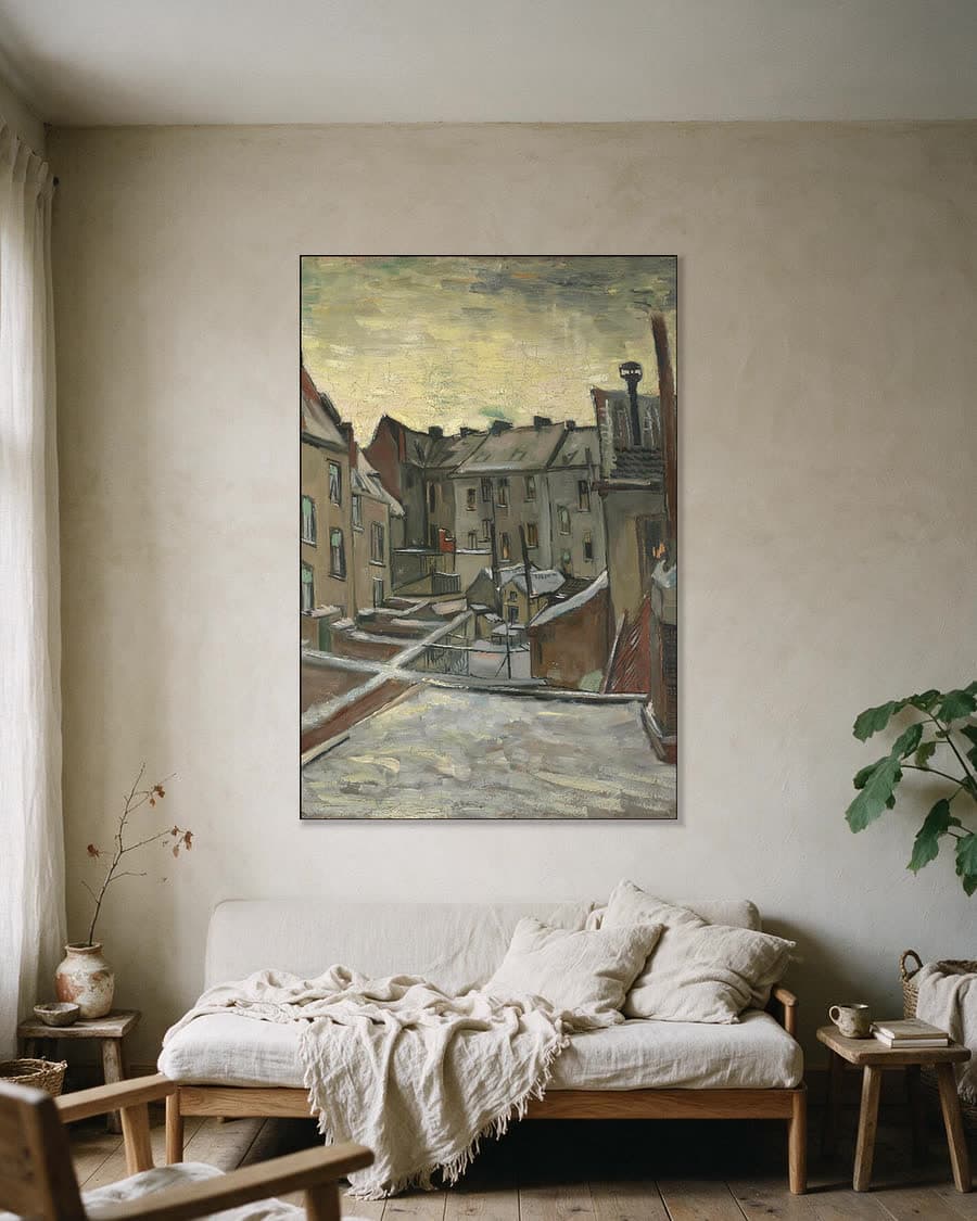 Huizen gezien van achteren in een aluminium frame aan dezelfde muur