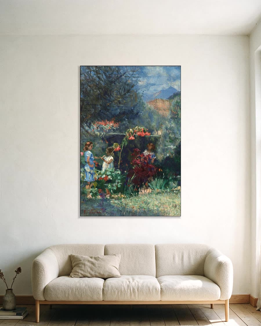 Drie meisjes in de tuin in een aluminium frame aan dezelfde muur
