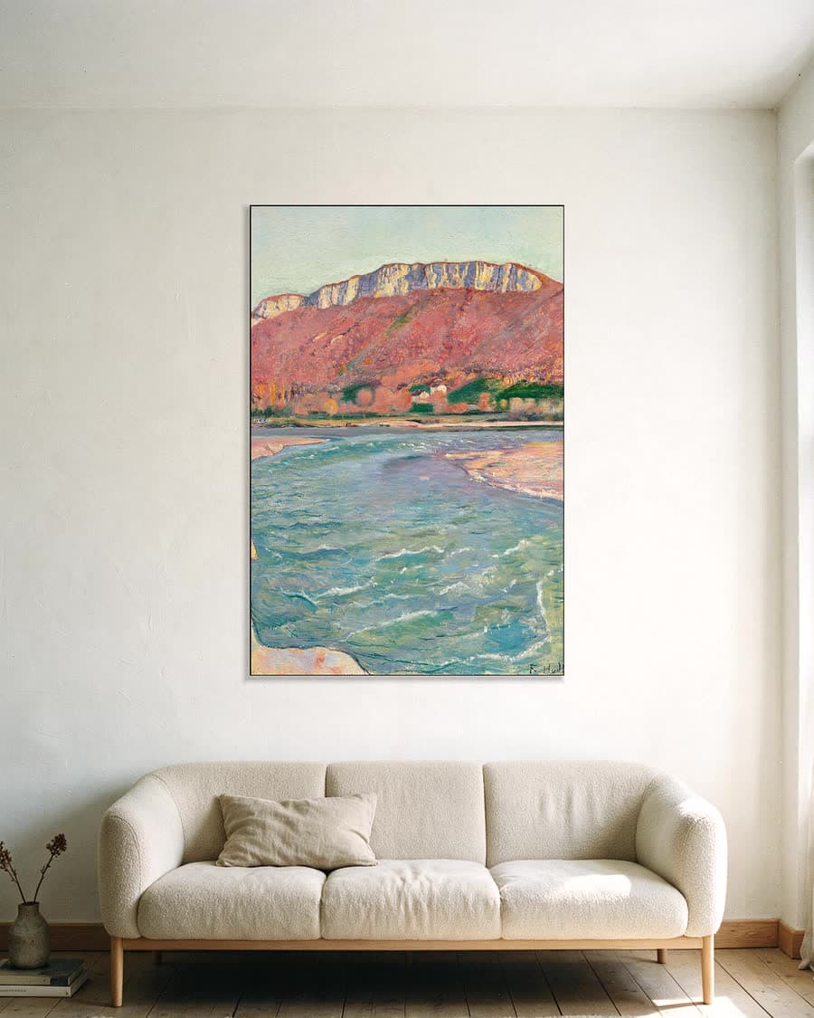 Berglandschap aan de rivier in een aluminium frame aan dezelfde muur