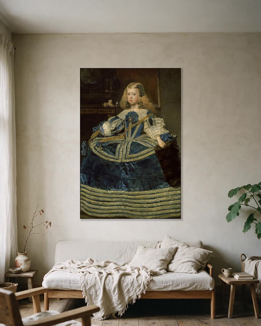 Infanta Margarita Teresa in het Blauw in een aluminium frame aan dezelfde muur