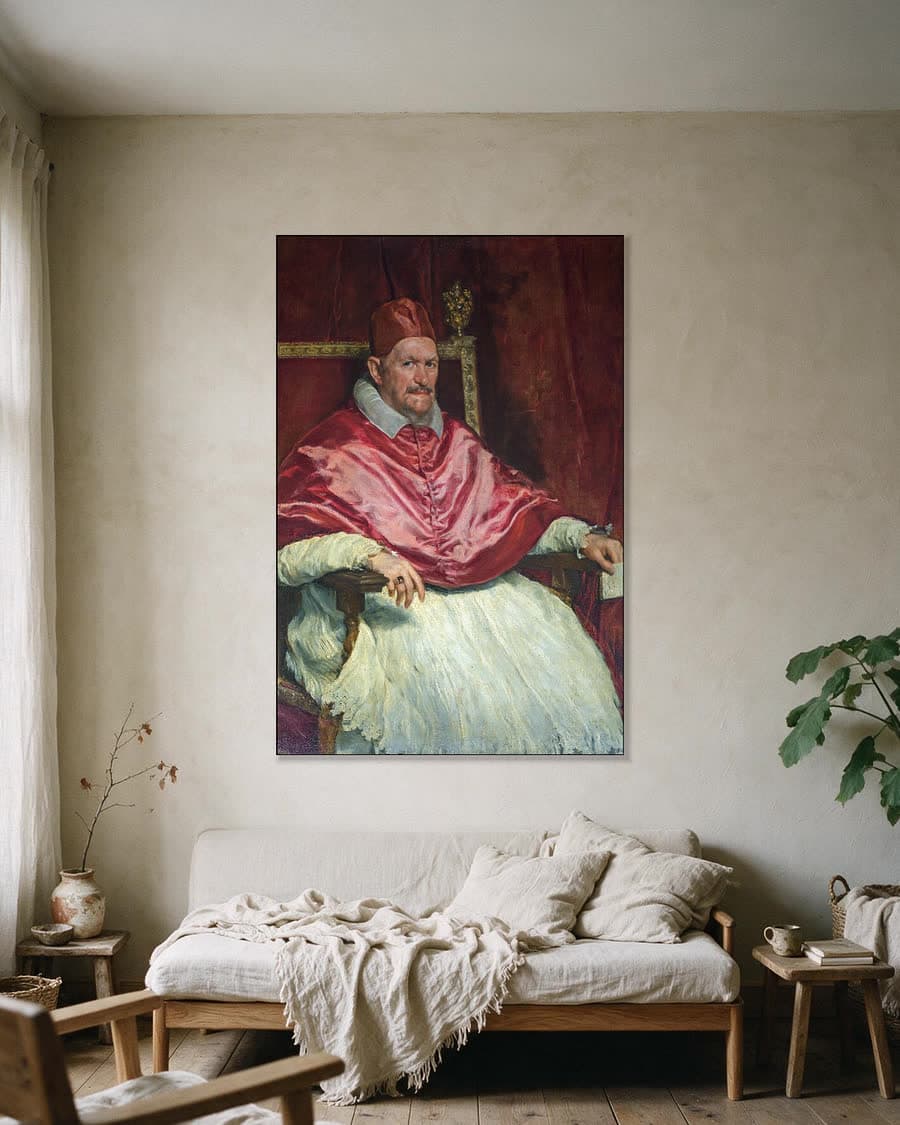 Portret van Paus Innocentius X in een aluminium frame aan dezelfde muur