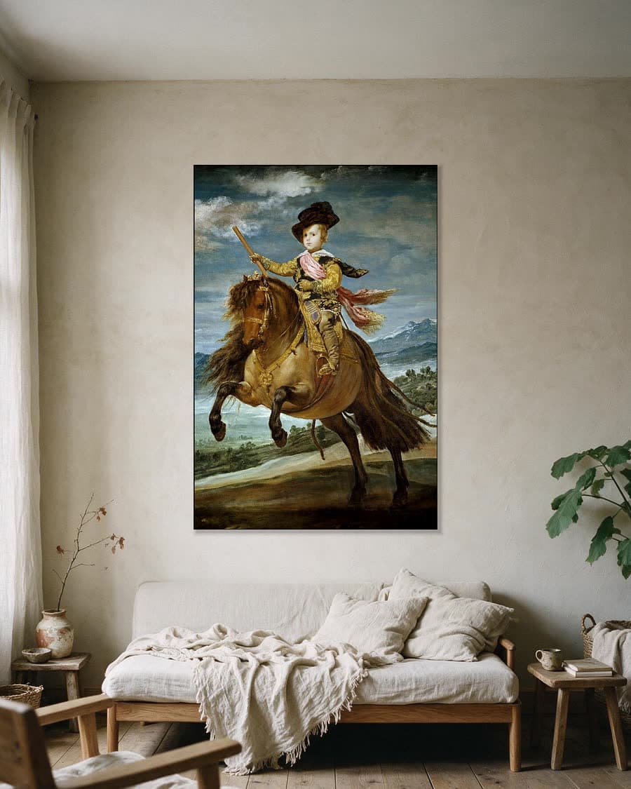 Prins Baltasar Carlos te Paard in een aluminium frame aan dezelfde muur