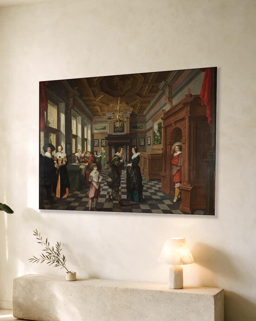 Interieur, deel van een decoratieve reeks in een aluminium frame aan dezelfde muur
