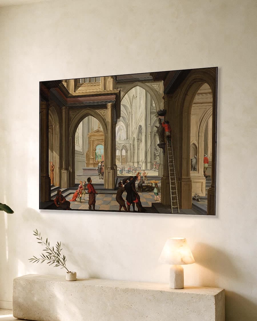 Beeldenstorm in een kerk in een aluminium frame aan dezelfde muur