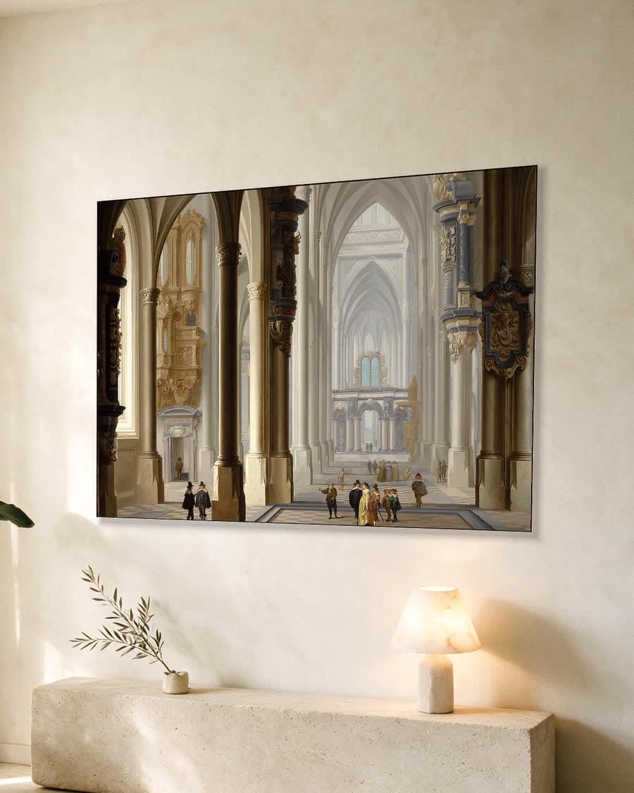 Interieur van een gotische kerk in een aluminium frame aan dezelfde muur