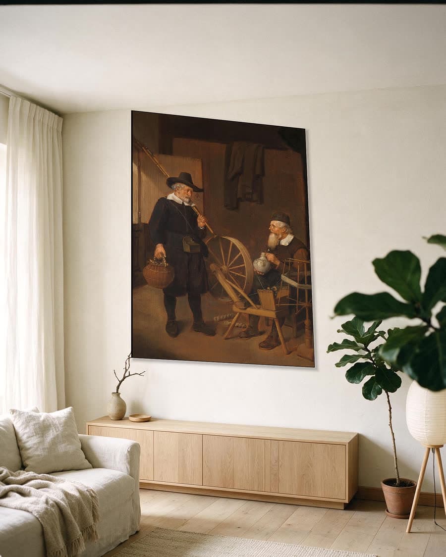 Interieur met hengelaar en man bij spoelrad en haspel in een aluminium frame aan dezelfde muur