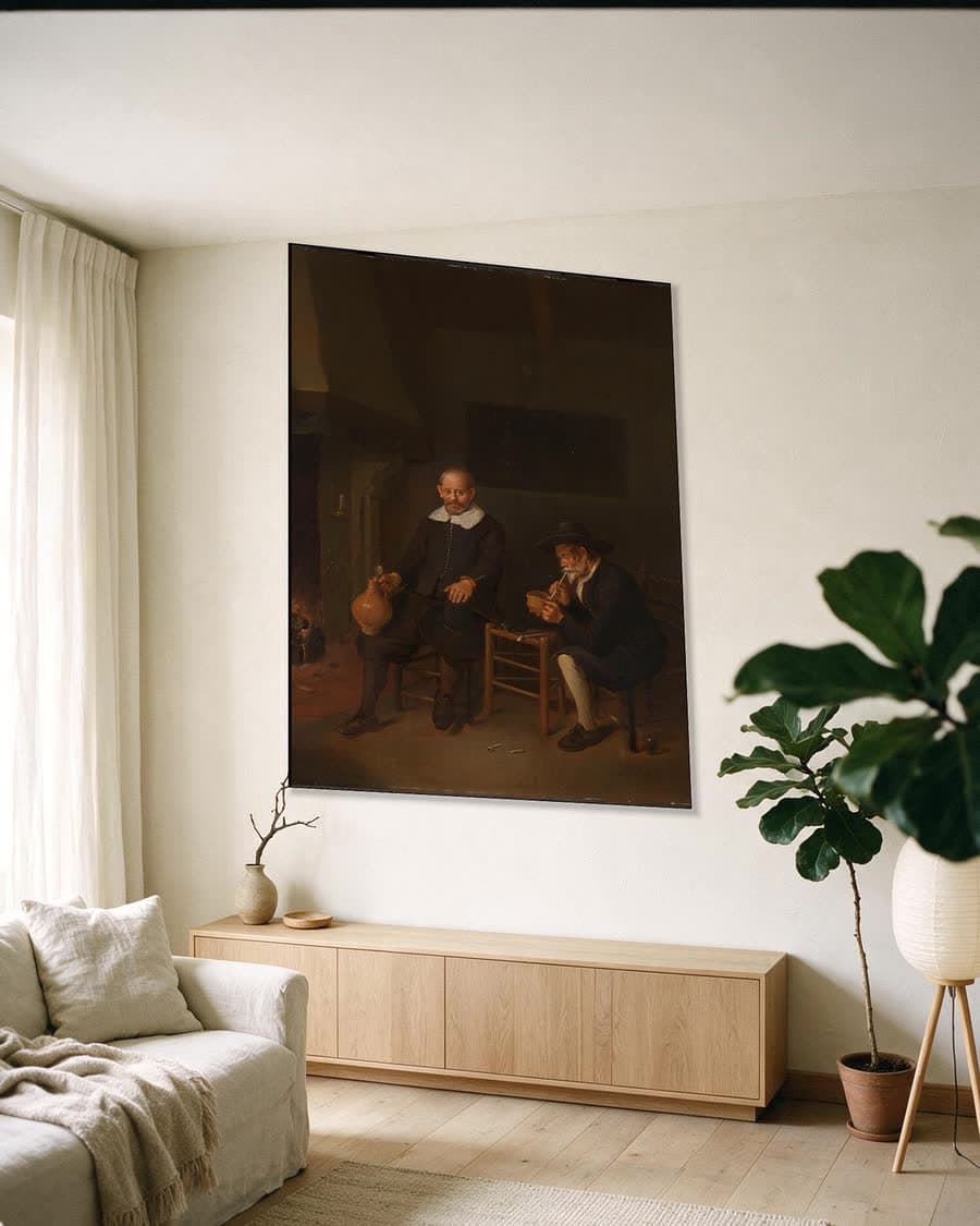 Interieur met twee mannen bij het vuur in een aluminium frame aan dezelfde muur